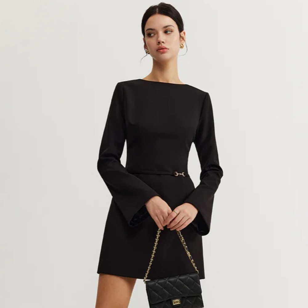 Commense Minimalist Long Sleeve Belted Dress